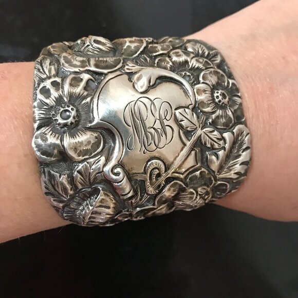 Floral Sterling Silver 925 Wide Cuff Bracelet Victorian Bouquet Art Nouveau - Picture 7 of 10